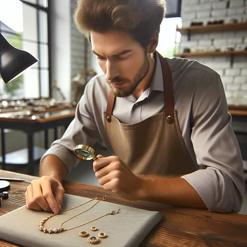 Caucasian jeweler examining gold necklace with loupe